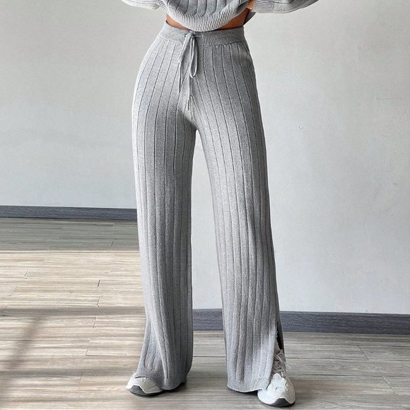 Grey Casual Solid Ribbed Knit Sweater & Drawstring Waist Knit Pants - Picture 4 of 5